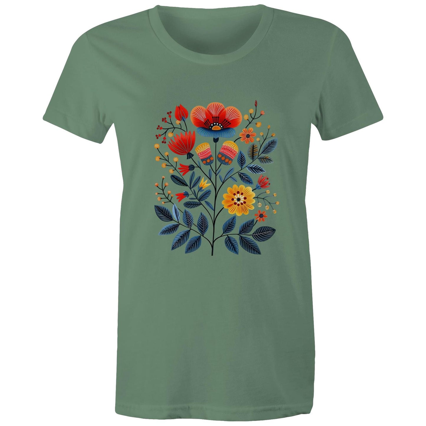 Women's earthfolk T shirt - Scandi Folk Flowers - The Crescent Moon