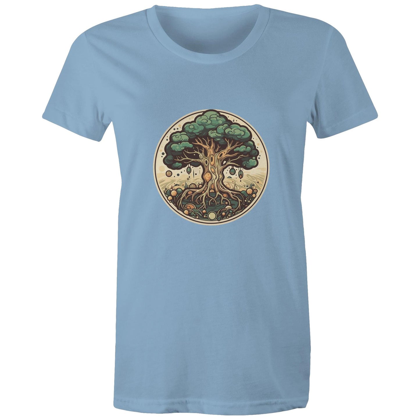 Earthfolk printed t shirt - Womans Relaxed Fit - Circular Tree - The Crescent Moon