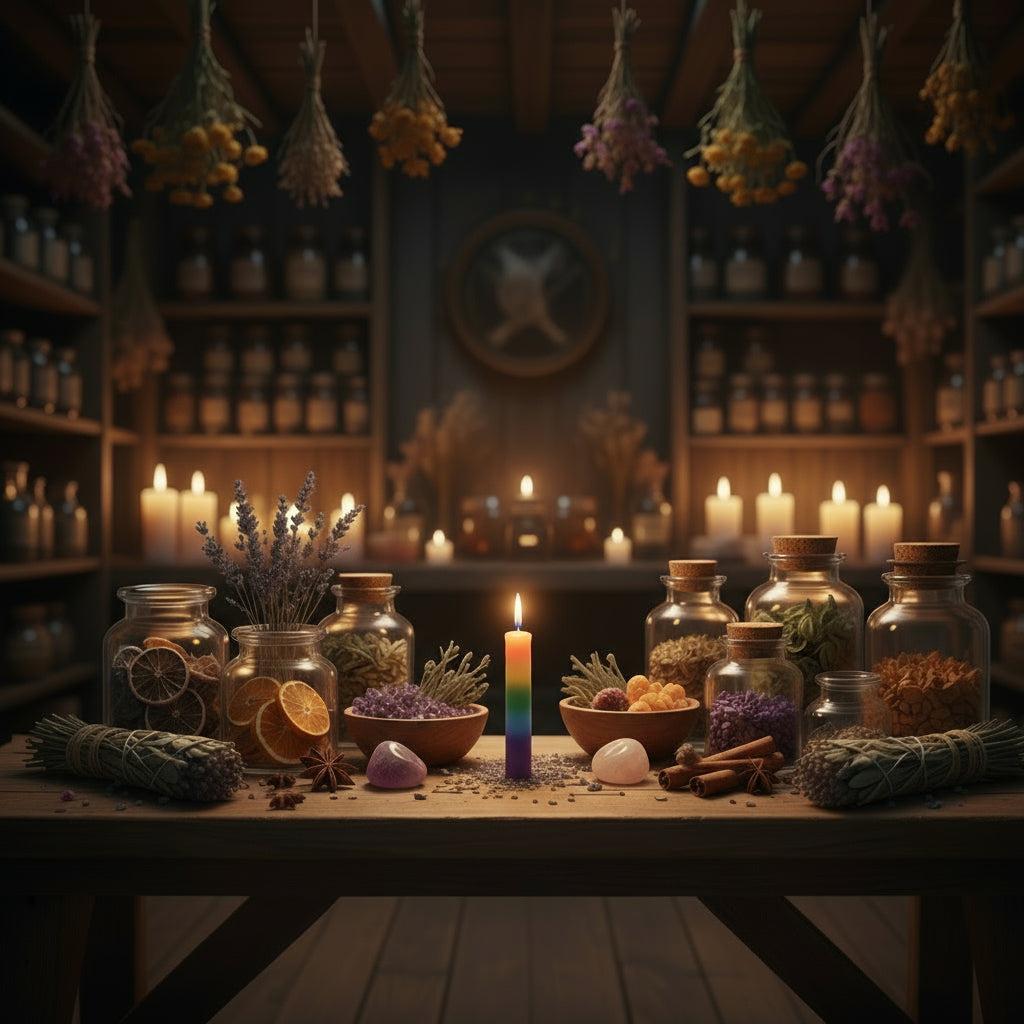 Colorful candle with a gradient from purple to red on an apothecary bench