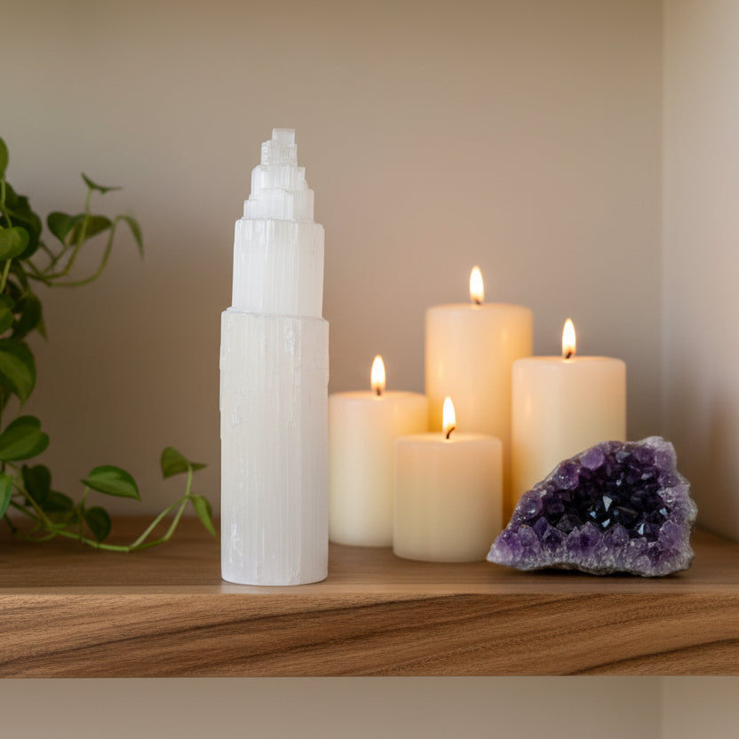 Selenite tower on shelf with candles and crystal