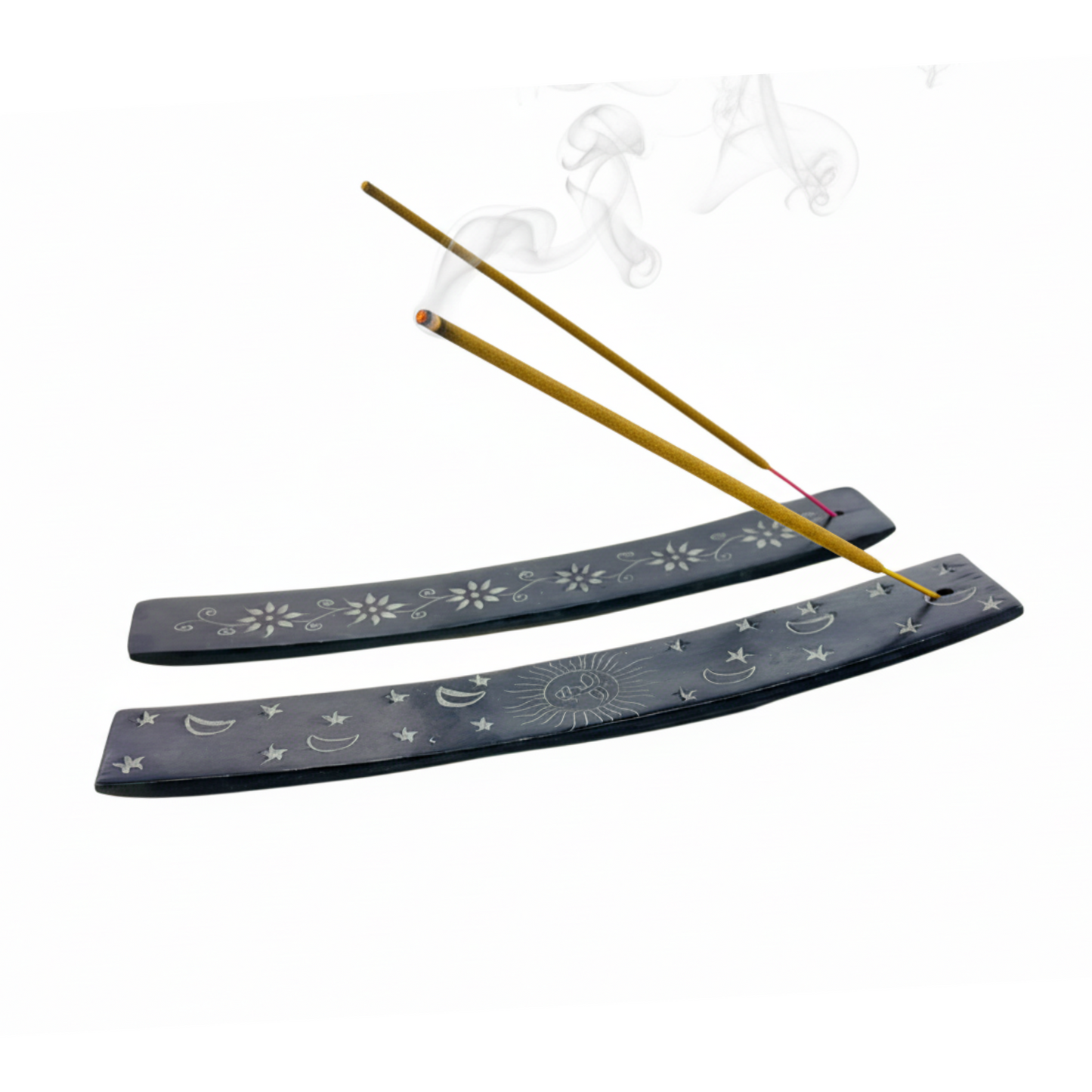 Incense sticks with decorative holder on a white background
