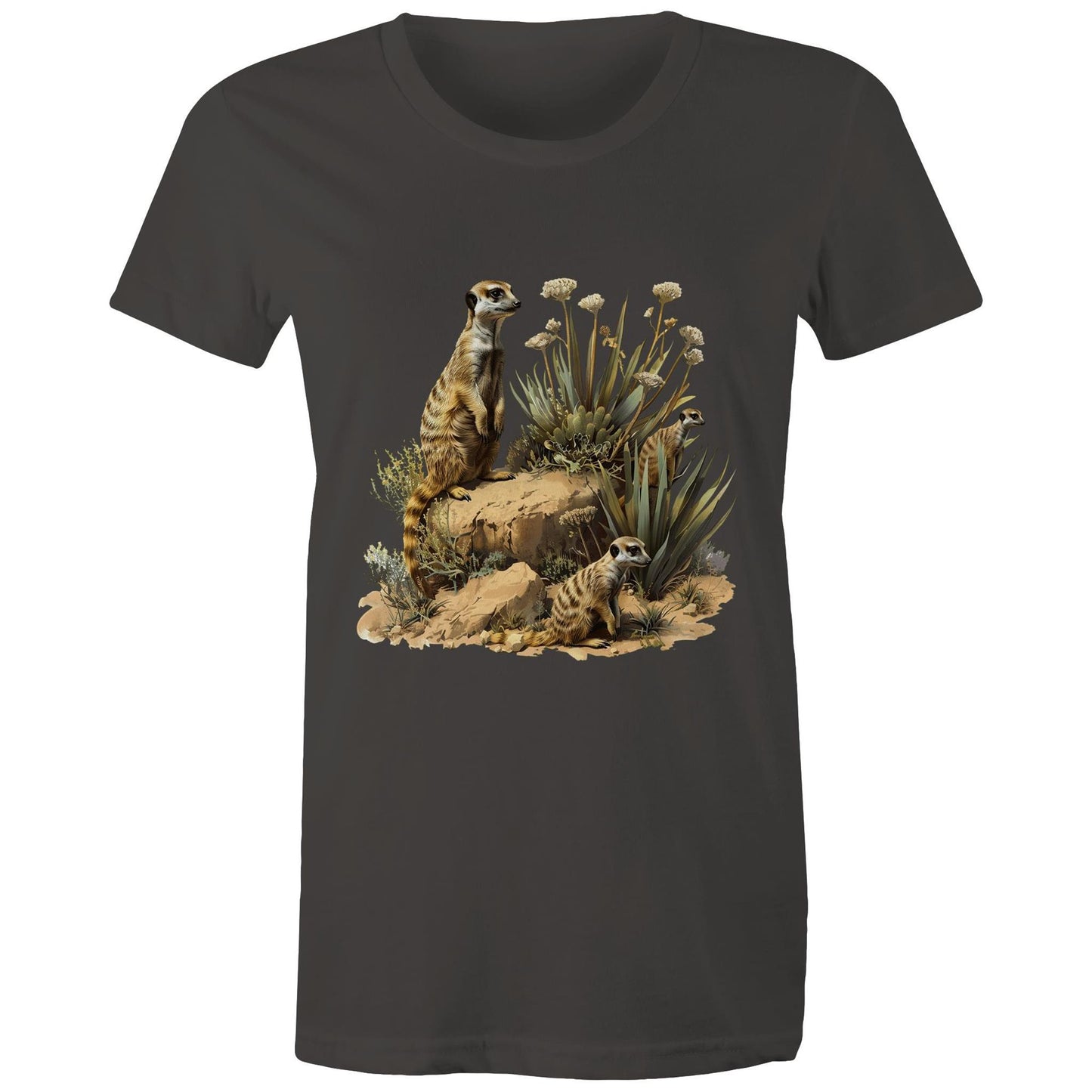 Women's Earthfolk T shirt - Meerkat Rock - The Crescent Moon