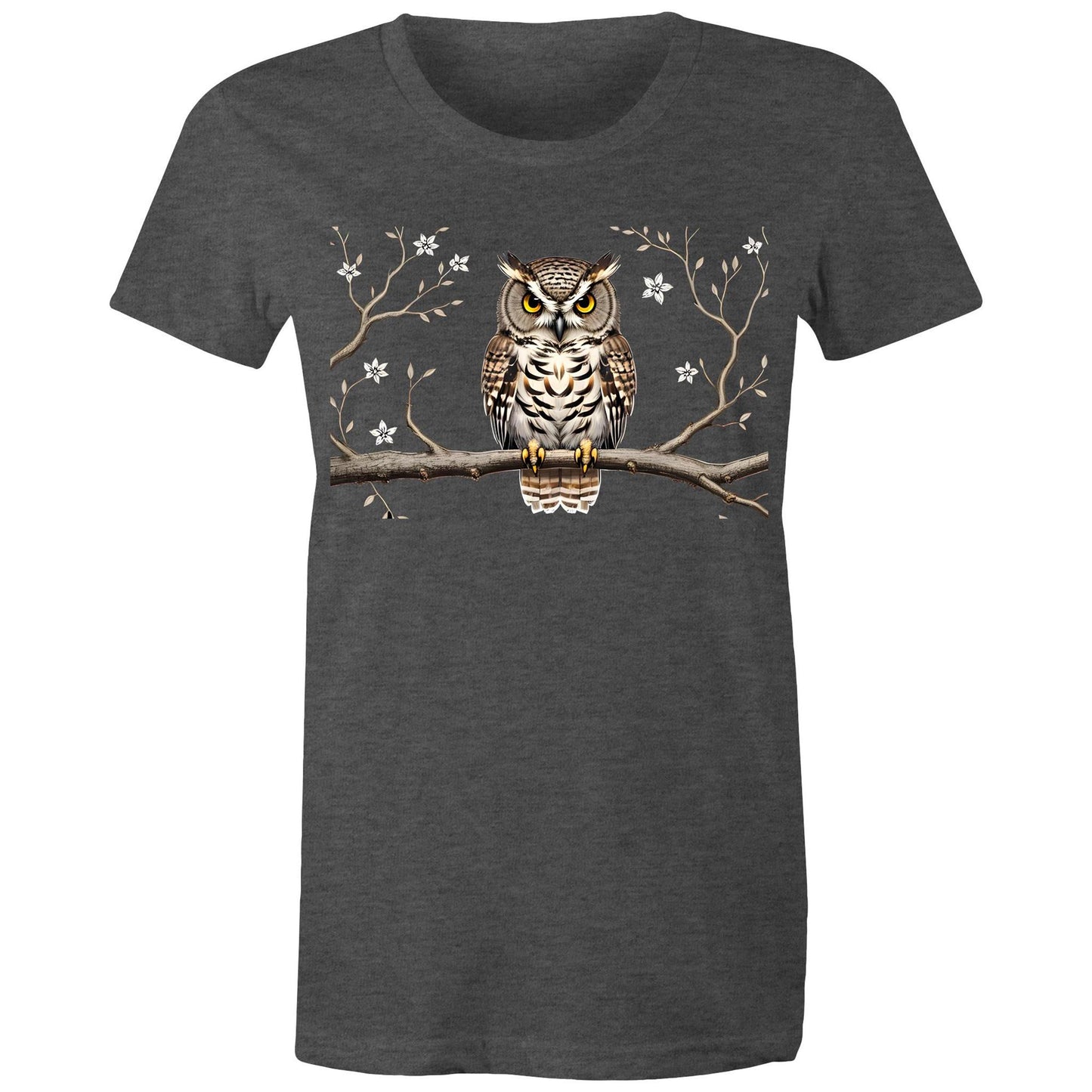 Women's Earthfolk T shirt - Perched Owl - The Crescent Moon