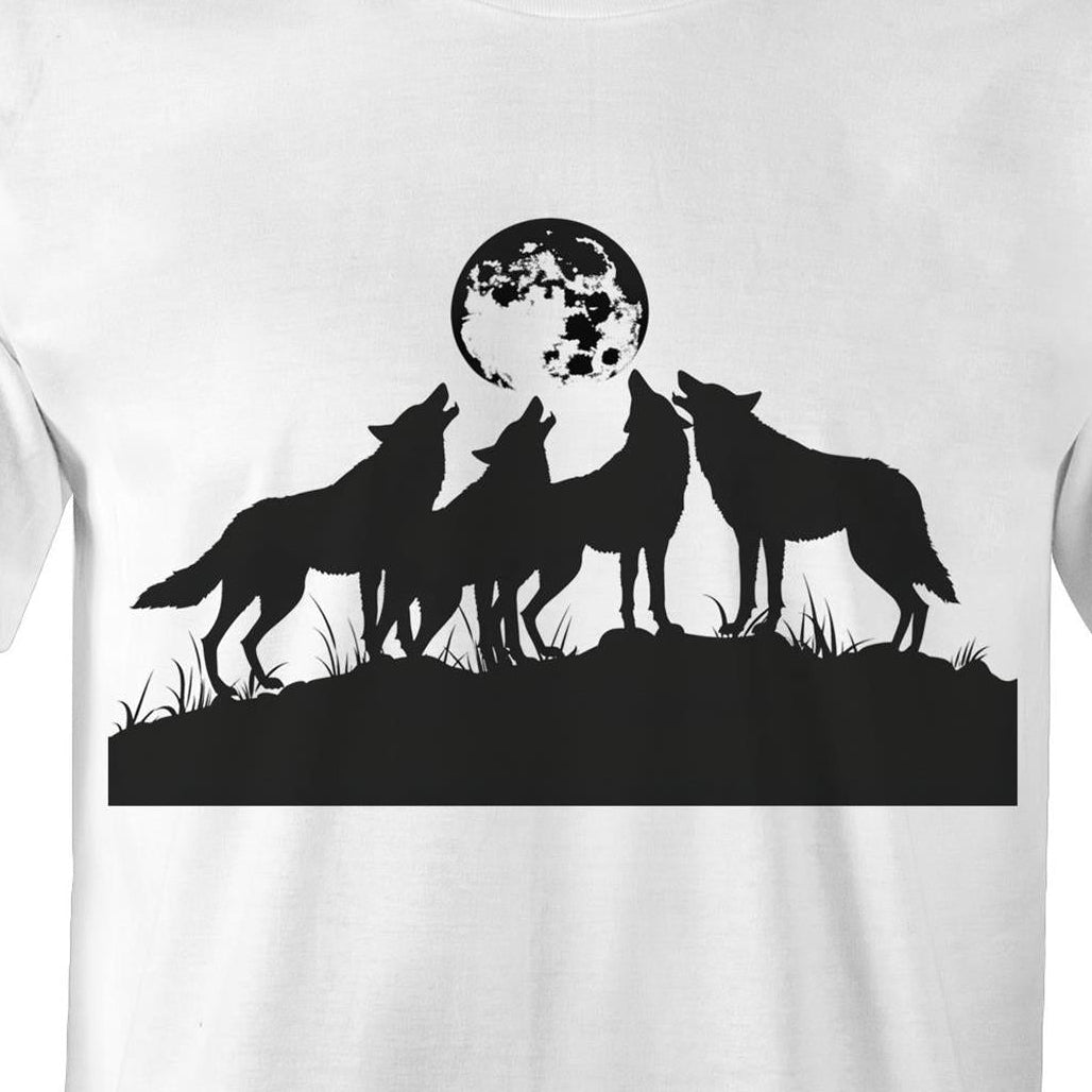 A white short-sleeve crewneck t-shirt featuring a black graphic print of three howling wolves in silhouette facing a full moon on the chest.