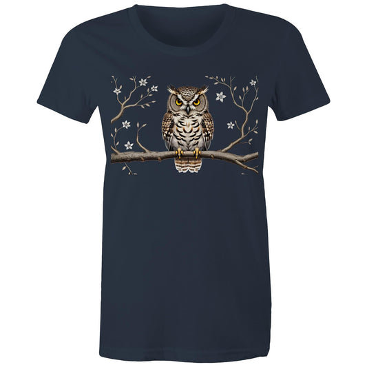 Women's Earthfolk T shirt - Perched Owl - The Crescent Moon