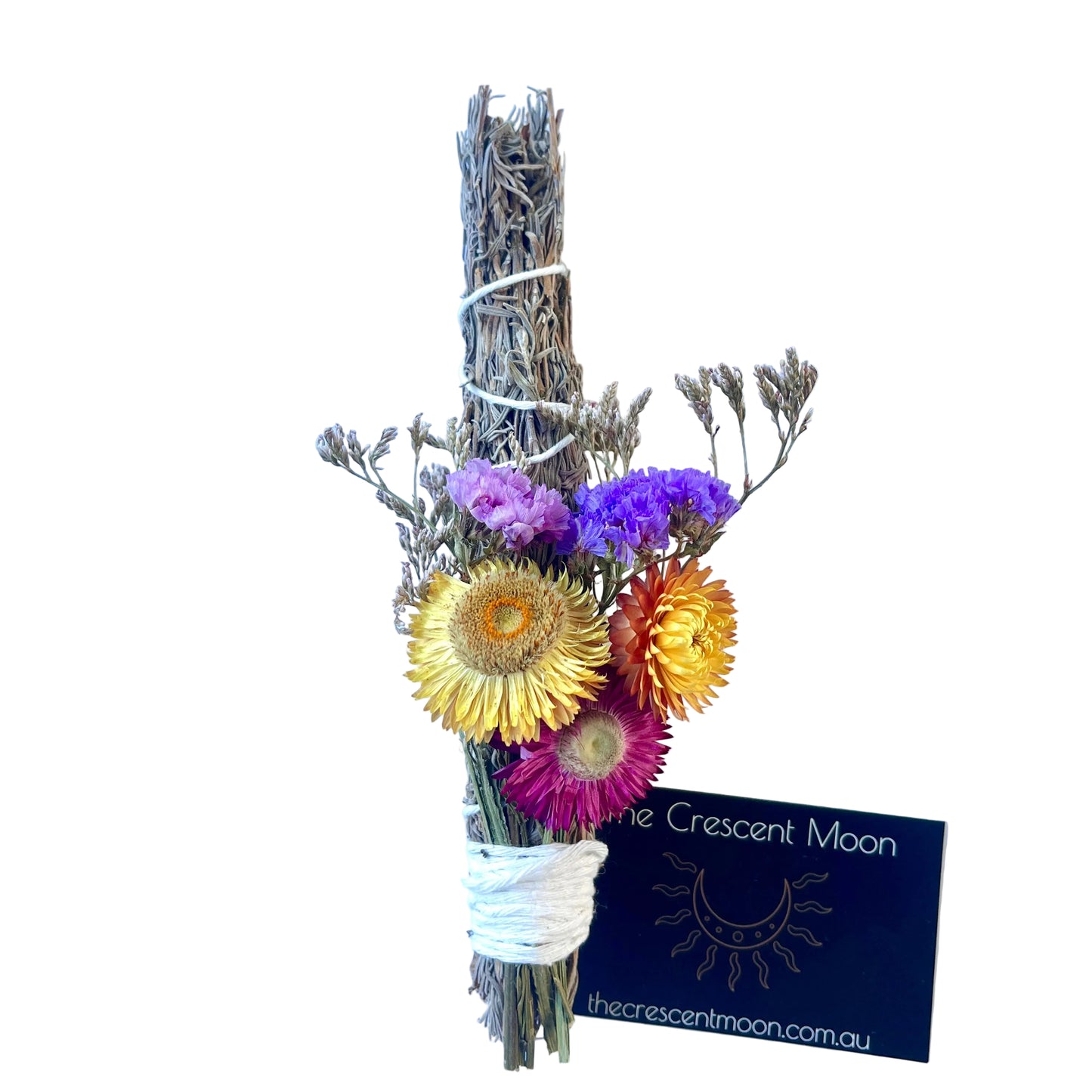 lavender smudge stick with dried botanicals handmade by the Crescent Moon