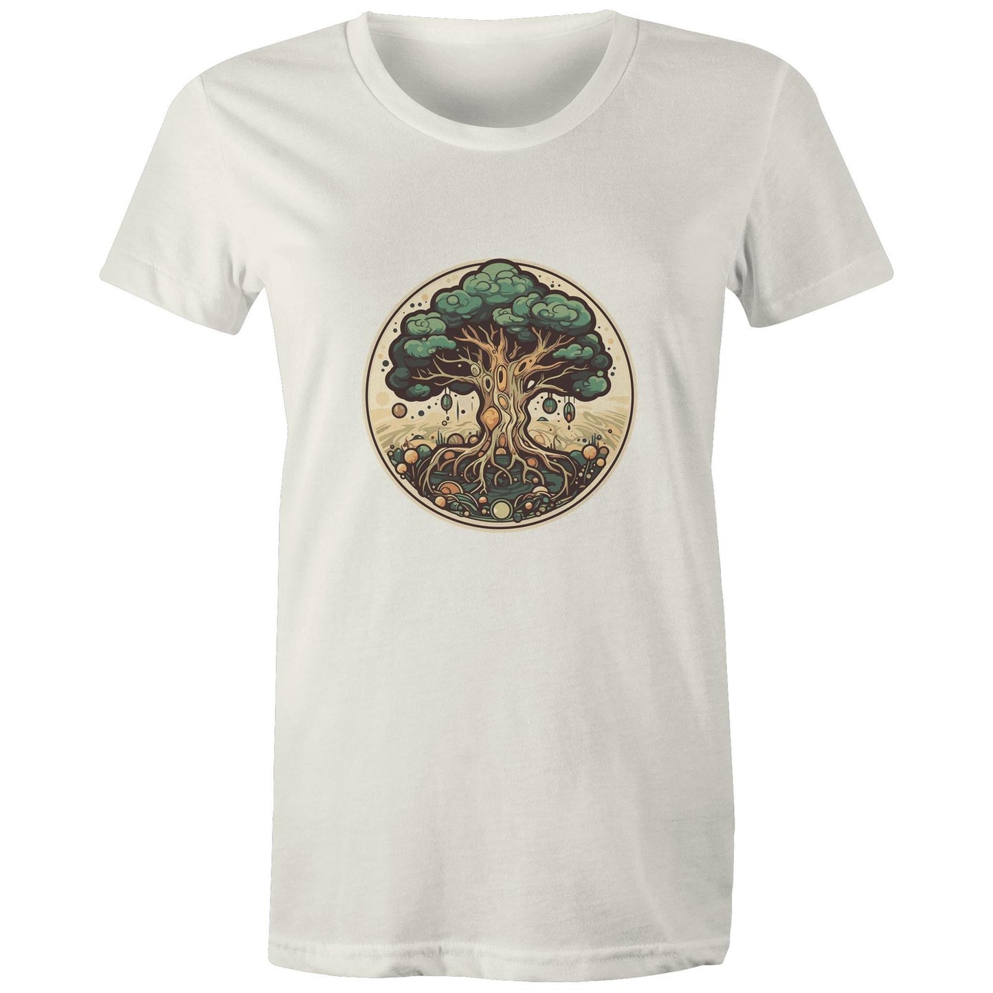 Earthfolk printed t shirt - Womans Relaxed Fit - Circular Tree - The Crescent Moon