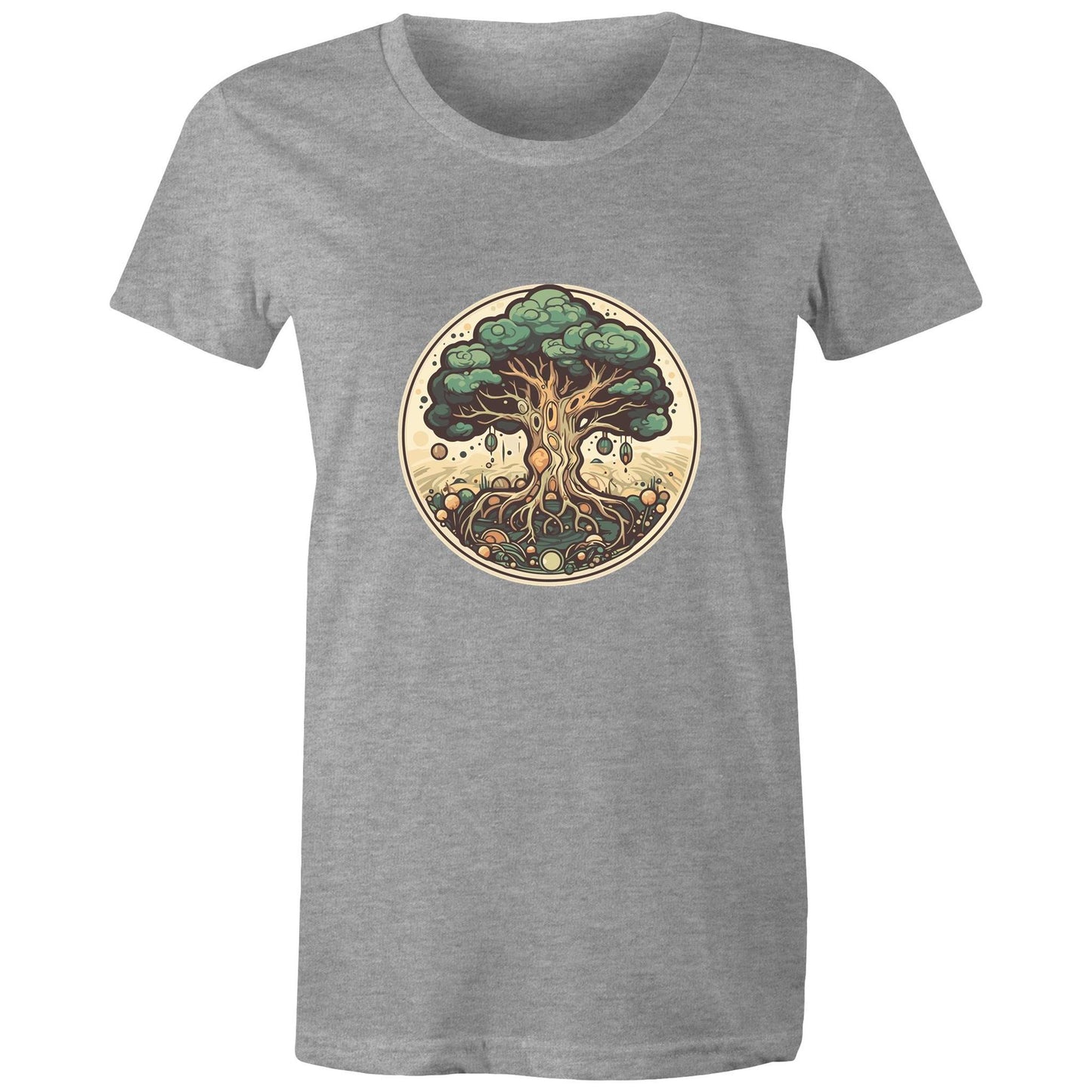 Earthfolk printed t shirt - Womans Relaxed Fit - Circular Tree - The Crescent Moon