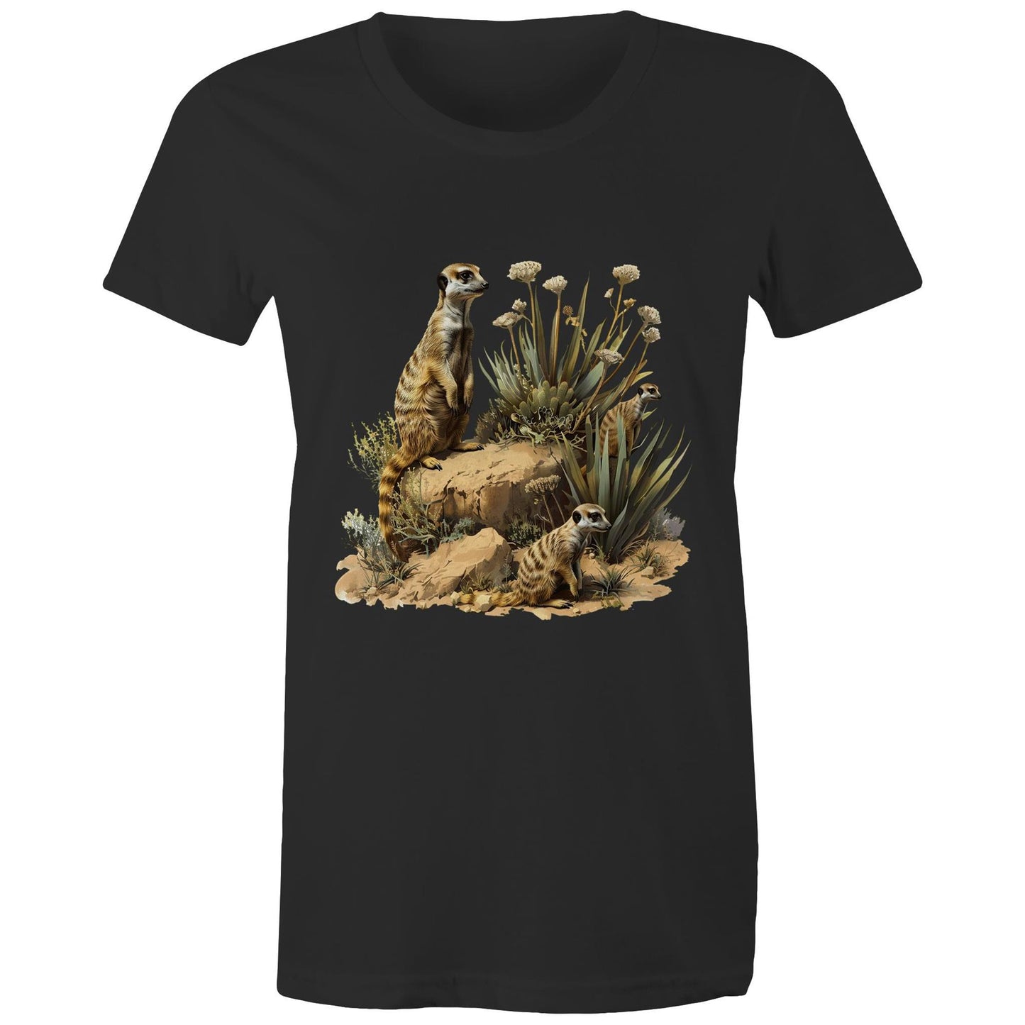 Women's Earthfolk T shirt - Meerkat Rock - The Crescent Moon