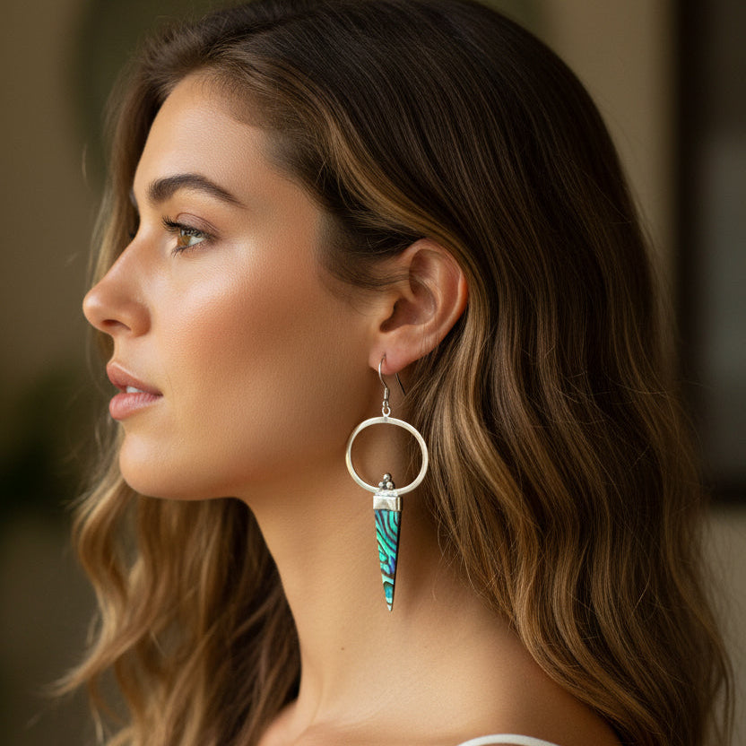 Pair of earrings with circular top and spear-like bottom