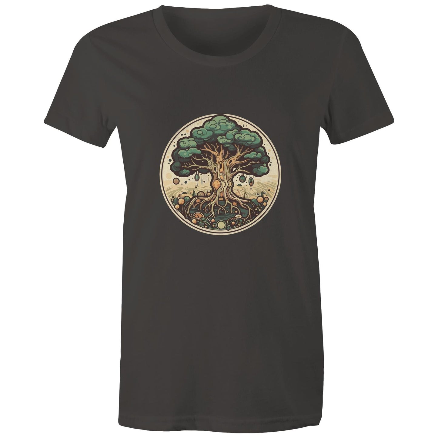 Earthfolk printed t shirt - Womans Relaxed Fit - Circular Tree - The Crescent Moon