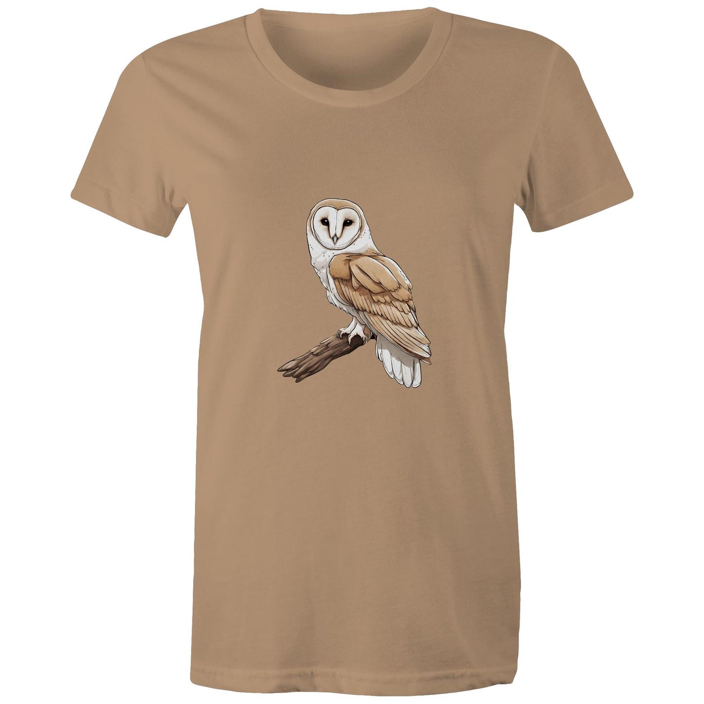 Women's Earthfolk T shirt - Barn Owl on Branch - The Crescent Moon