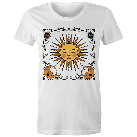 Women's Earthfolk T shirt - Retro sun and moon - The Crescent Moon