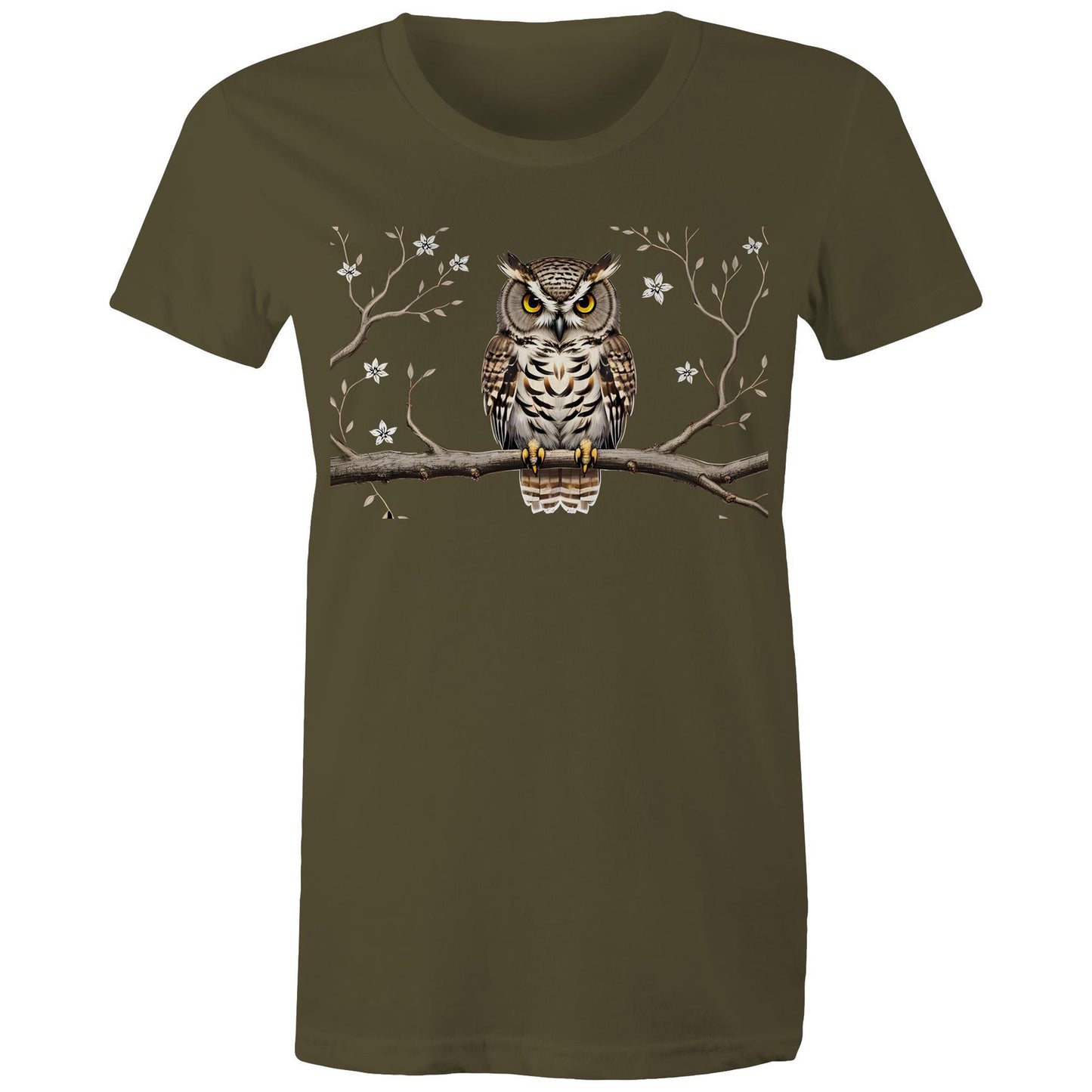 Women's Earthfolk T shirt - Perched Owl - The Crescent Moon
