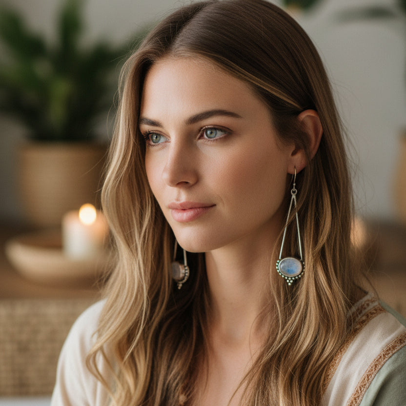 Lady wearing a Pair of silver earrings with moonstone stones