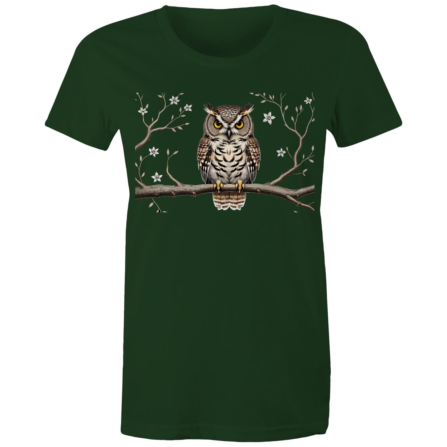 Women's Earthfolk T shirt - Perched Owl - The Crescent Moon