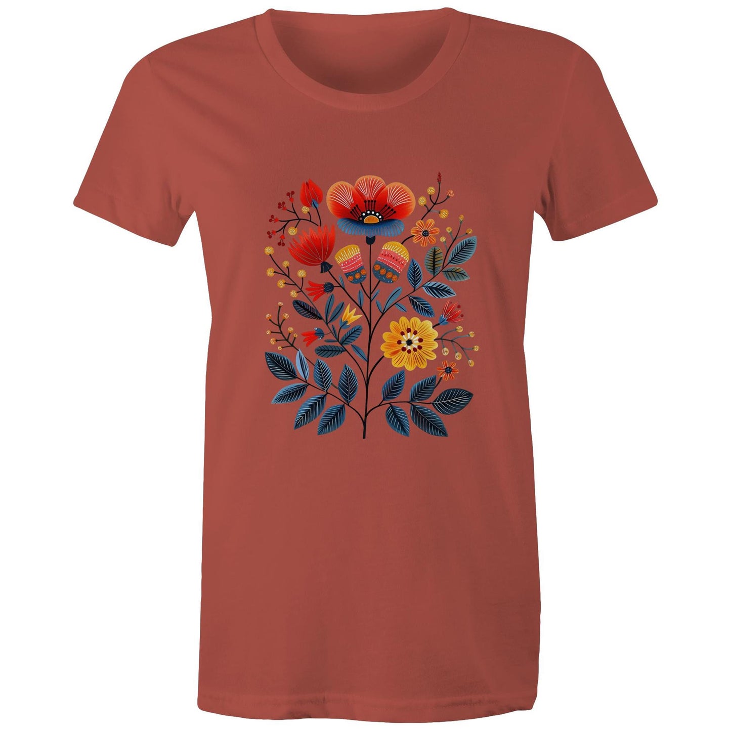 Women's earthfolk T shirt - Scandi Folk Flowers - The Crescent Moon