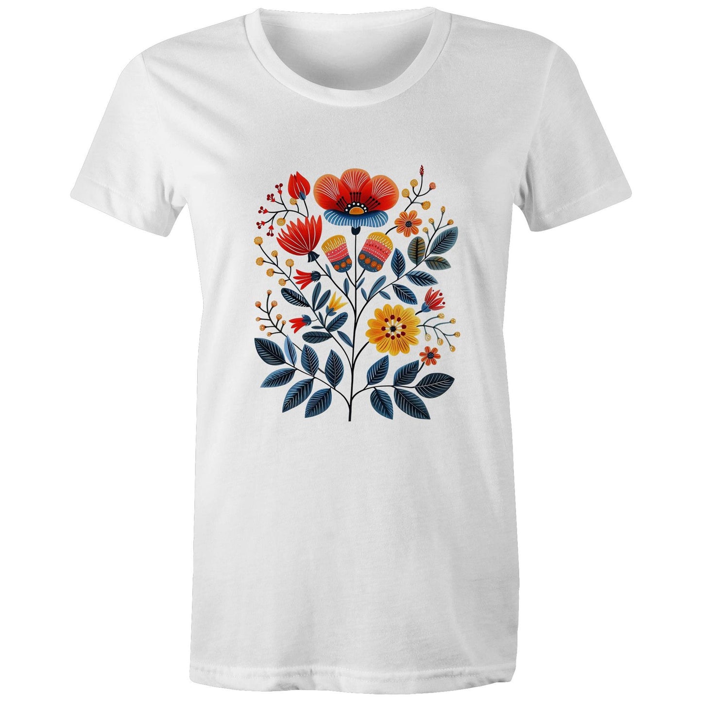 Women's earthfolk T shirt - Scandi Folk Flowers - The Crescent Moon
