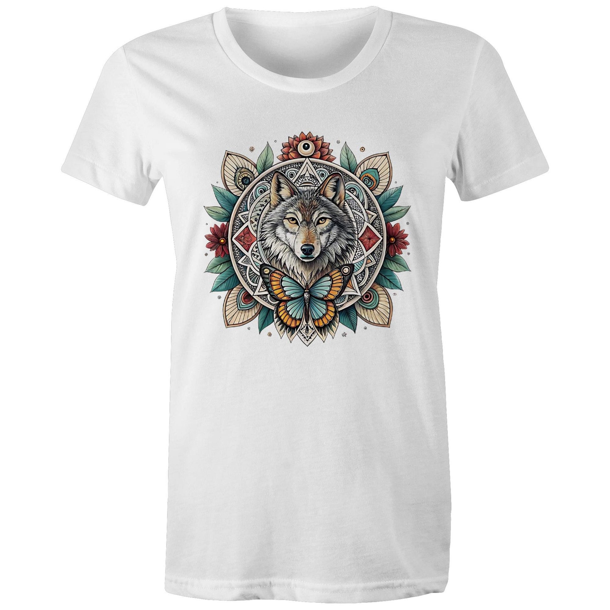 Women's Earthfolk T shirt - Wolf Mandala - The Crescent Moon
