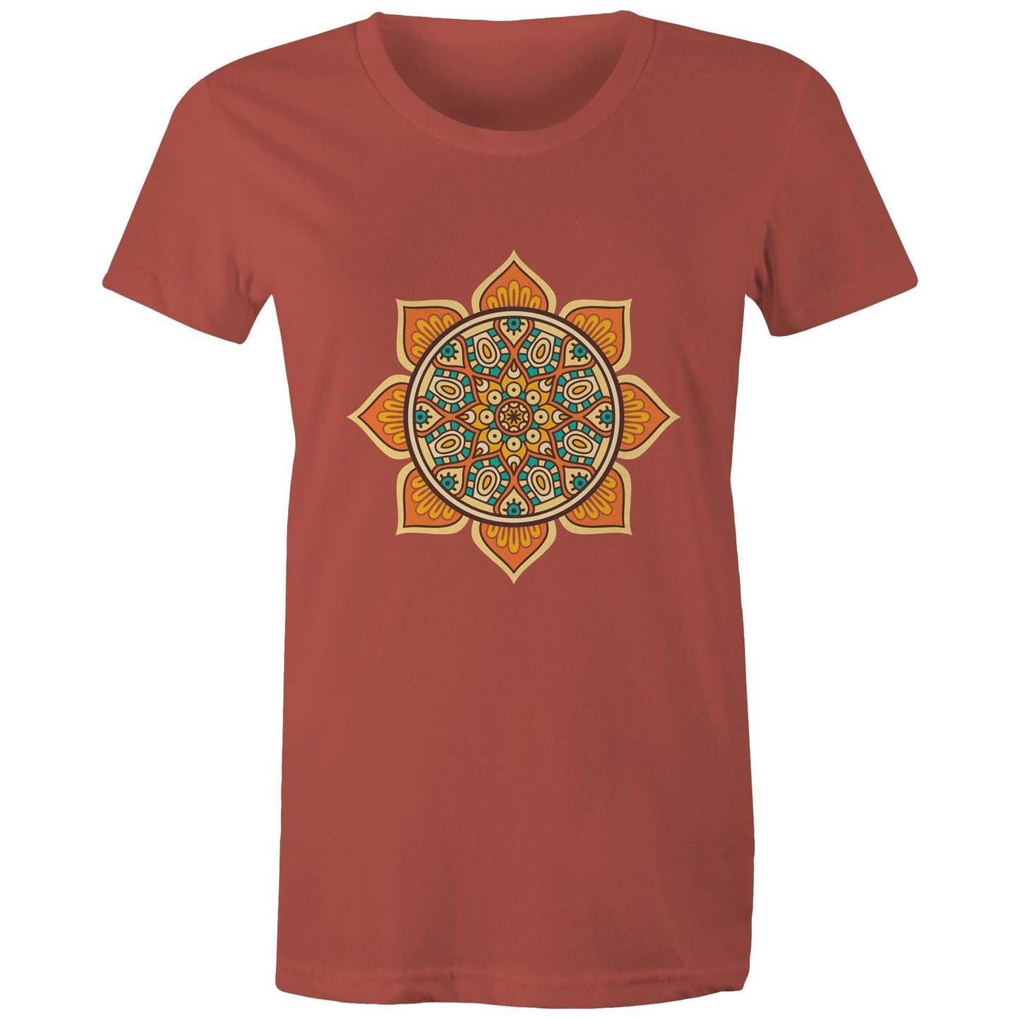 Women's Earthfolk T shirt - Mandala Orange - The Crescent Moon
