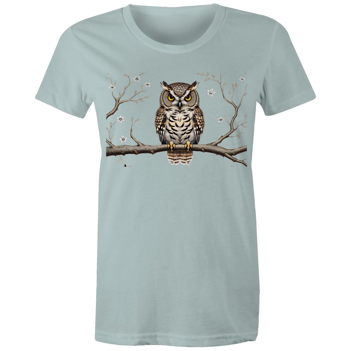Women's Earthfolk T shirt - Perched Owl - The Crescent Moon