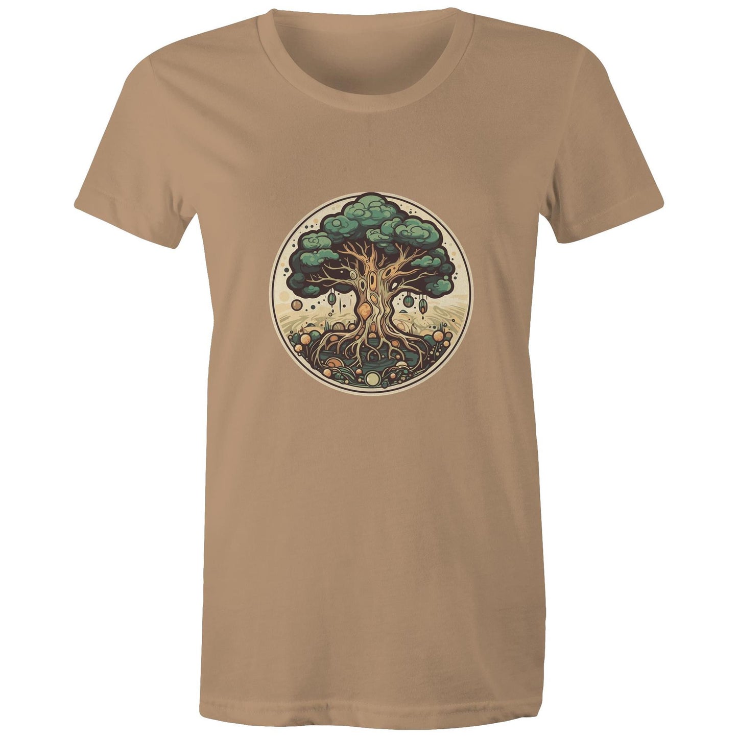 Earthfolk printed t shirt - Womans Relaxed Fit - Circular Tree - The Crescent Moon