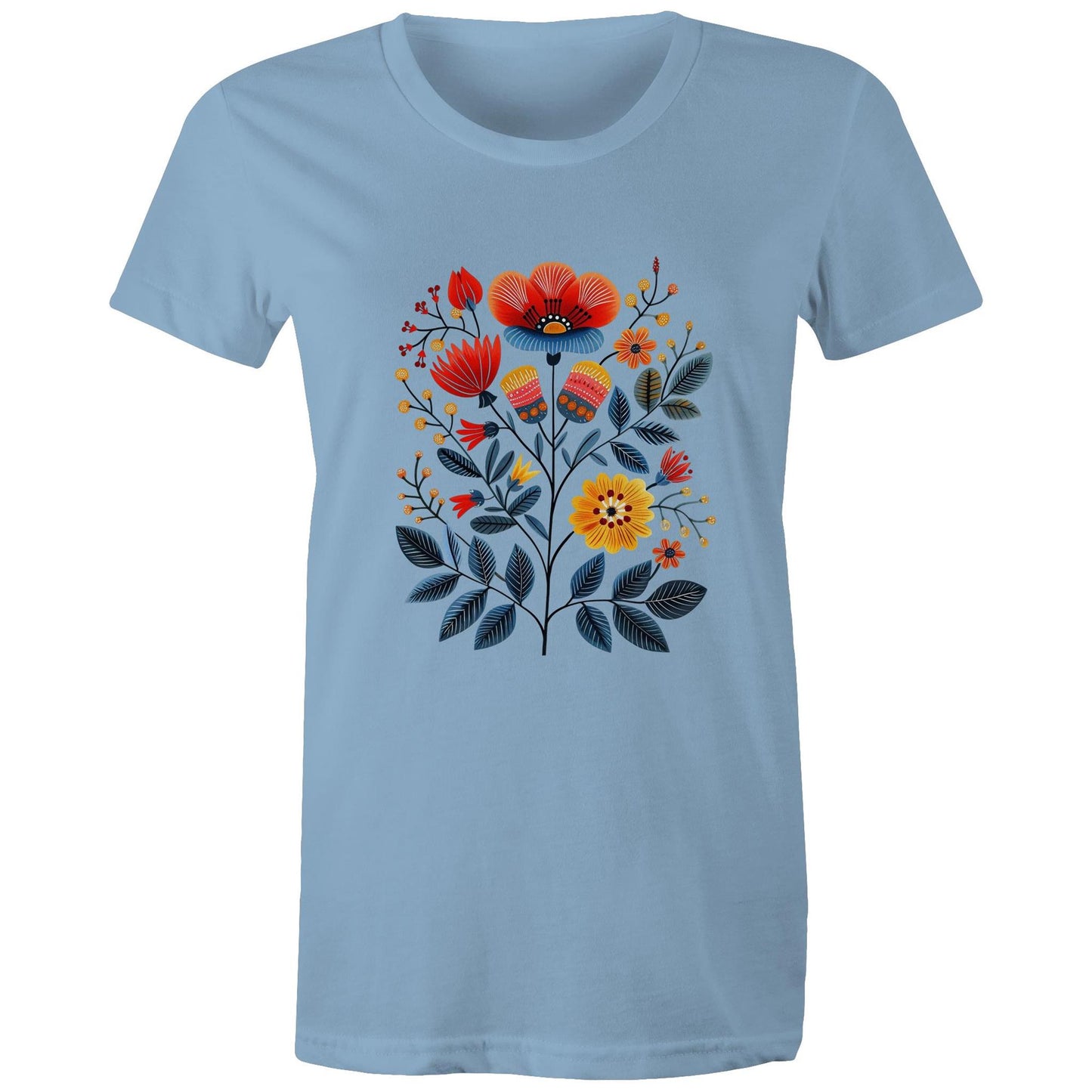 Women's earthfolk T shirt - Scandi Folk Flowers - The Crescent Moon