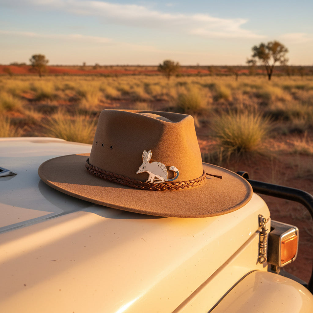 Enamel pin of a bilby on a a hat in the Australian outback