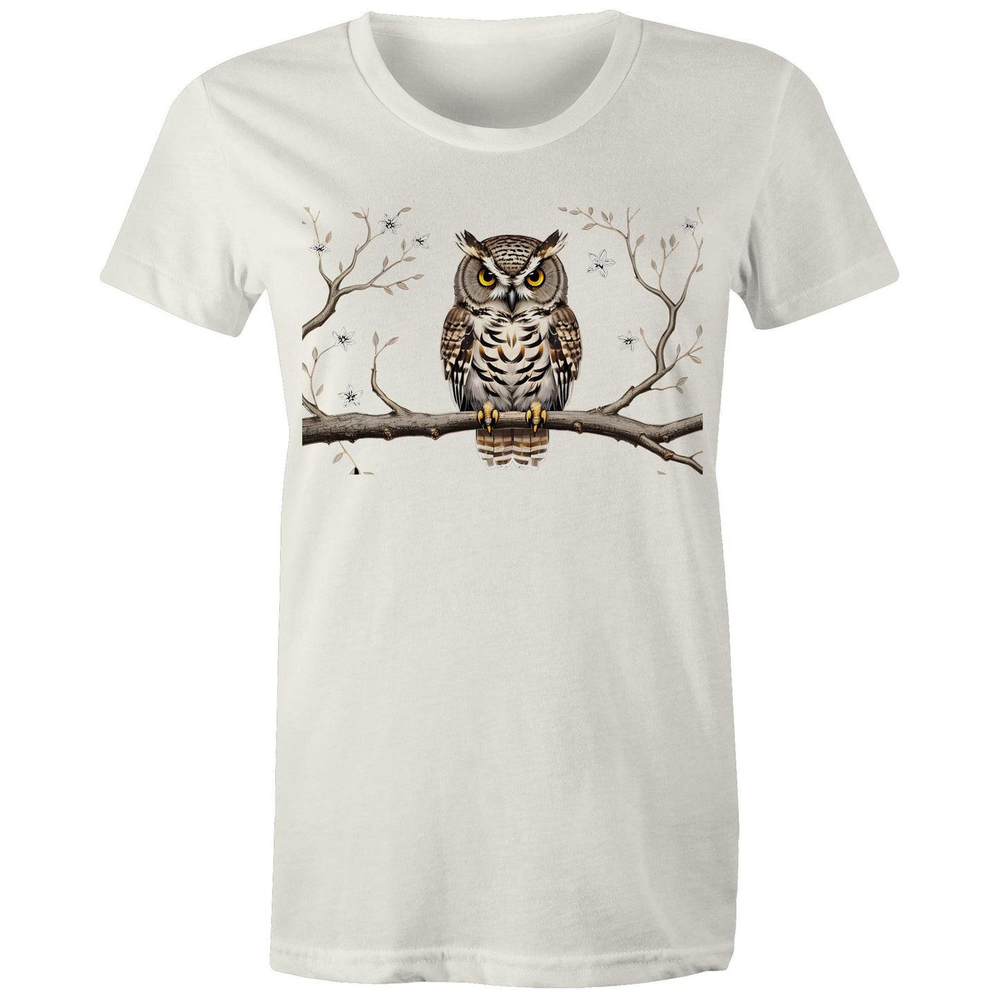 Women's Earthfolk T shirt - Perched Owl - The Crescent Moon