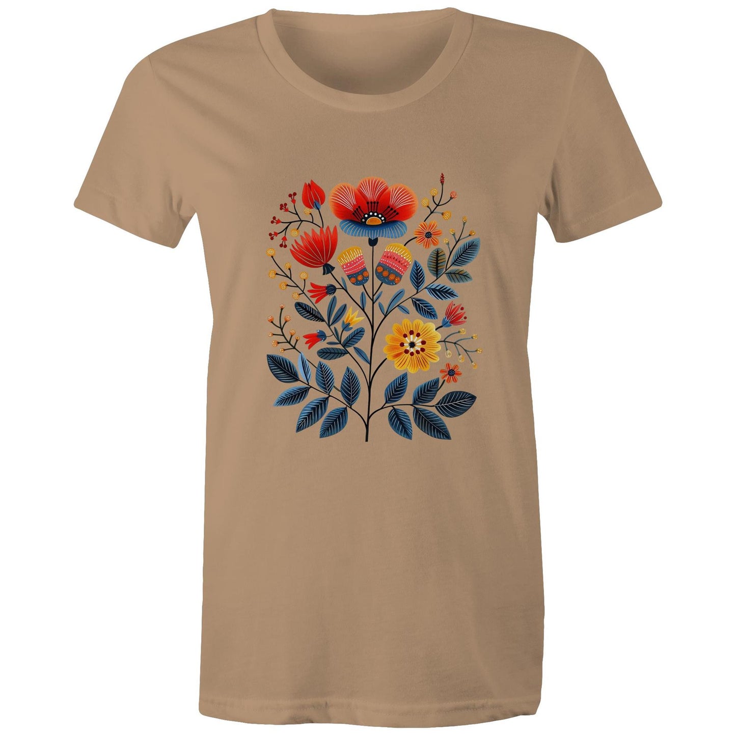 Women's earthfolk T shirt - Scandi Folk Flowers - The Crescent Moon