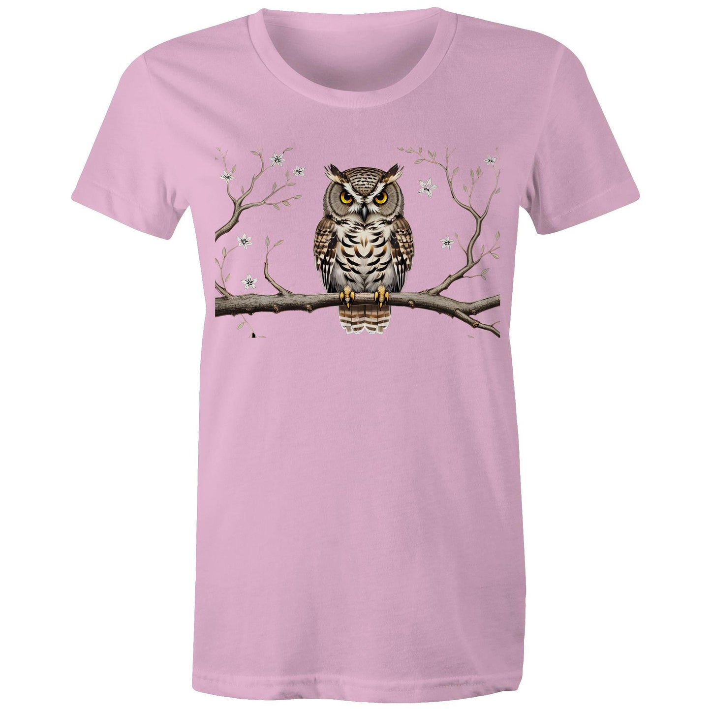 Women's Earthfolk T shirt - Perched Owl - The Crescent Moon