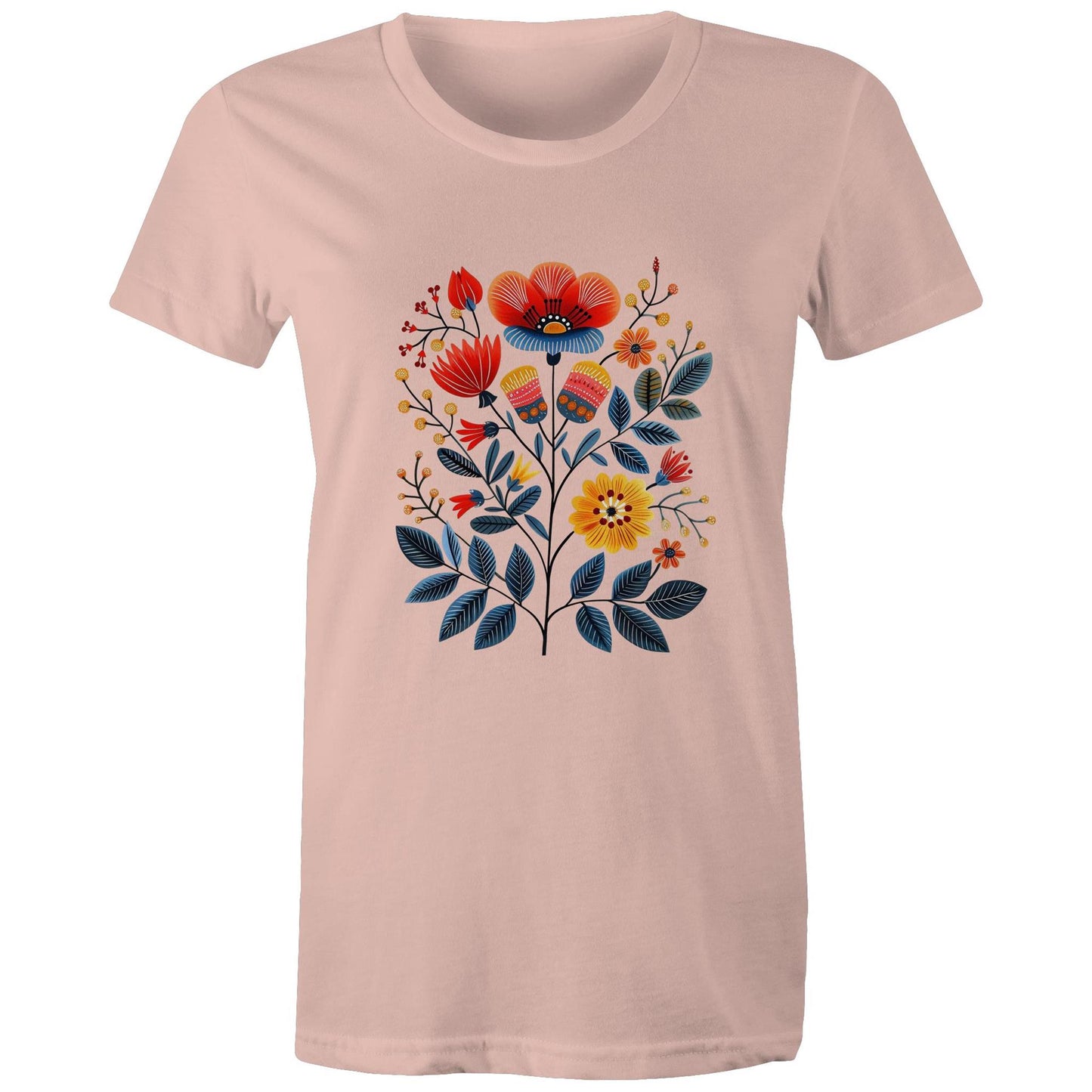 Women's earthfolk T shirt - Scandi Folk Flowers - The Crescent Moon