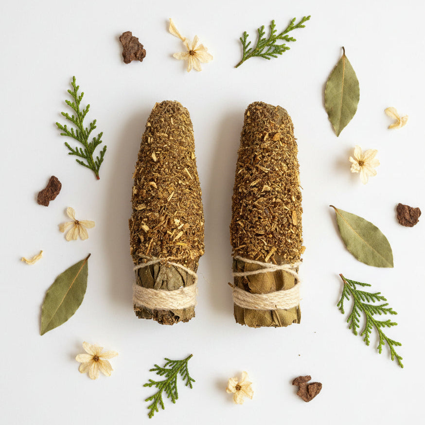 Two bundles of dried herbs tied with twine on a white background