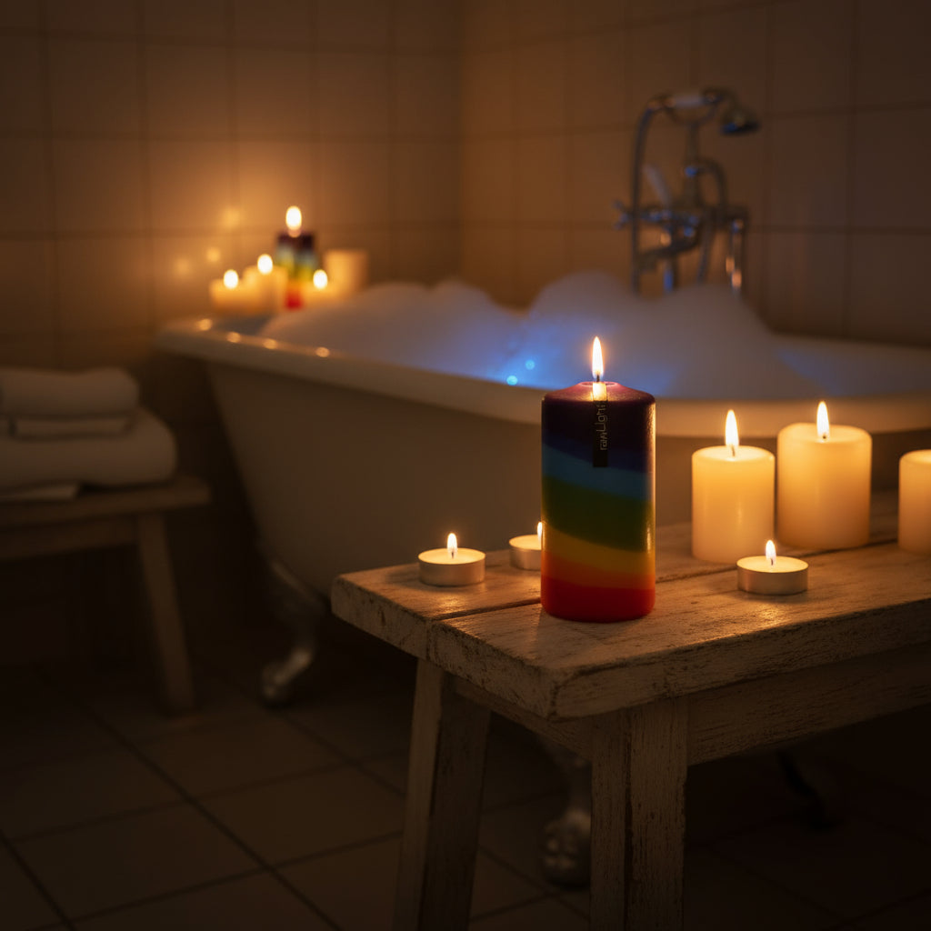 Multicolored striped candle with 'rawLight' tag