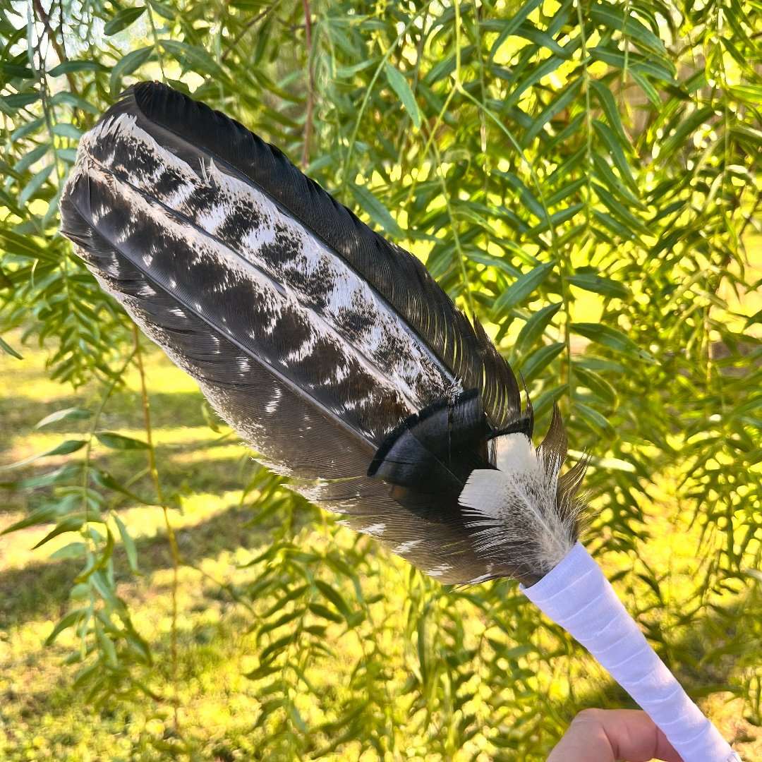 Smudging Feather Wand Large with White Handle - The Crescent Moon