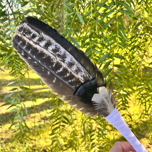 Smudging Feather Wand Large with White Handle - The Crescent Moon