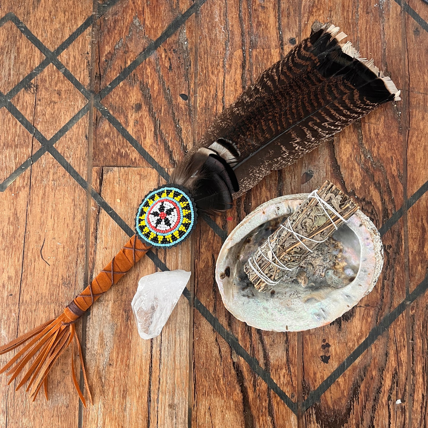 Smudging Feather Wand Beaded (Brown)