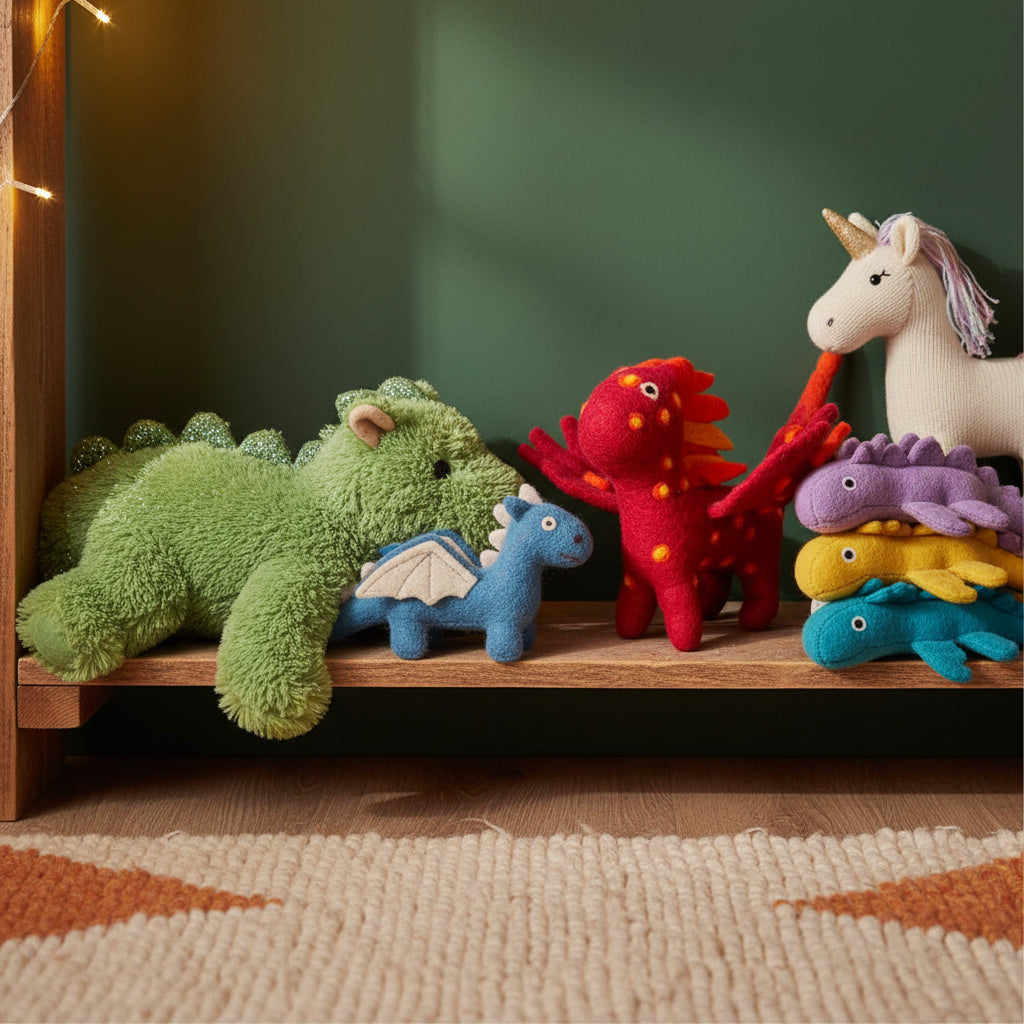 A handmade felt dragon toy in vibrant magenta pink, red, and orange, featuring yellow-orange spots and a yellow crest on its back, on a shelf with other toys