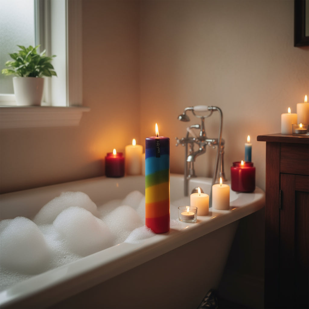 Rainbow striped candle with 'rawLight' branding in a bathroom