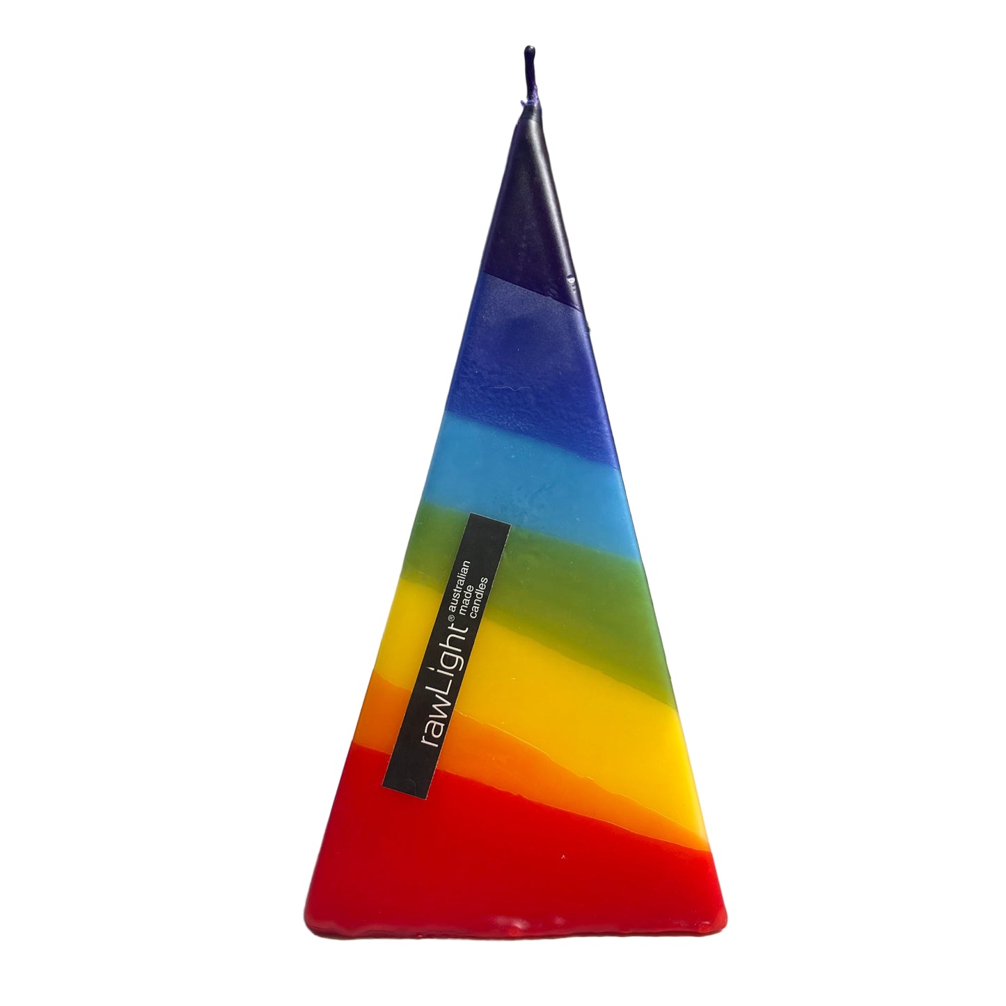 Rainbow-colored triangular candle with 'rawlight' branding