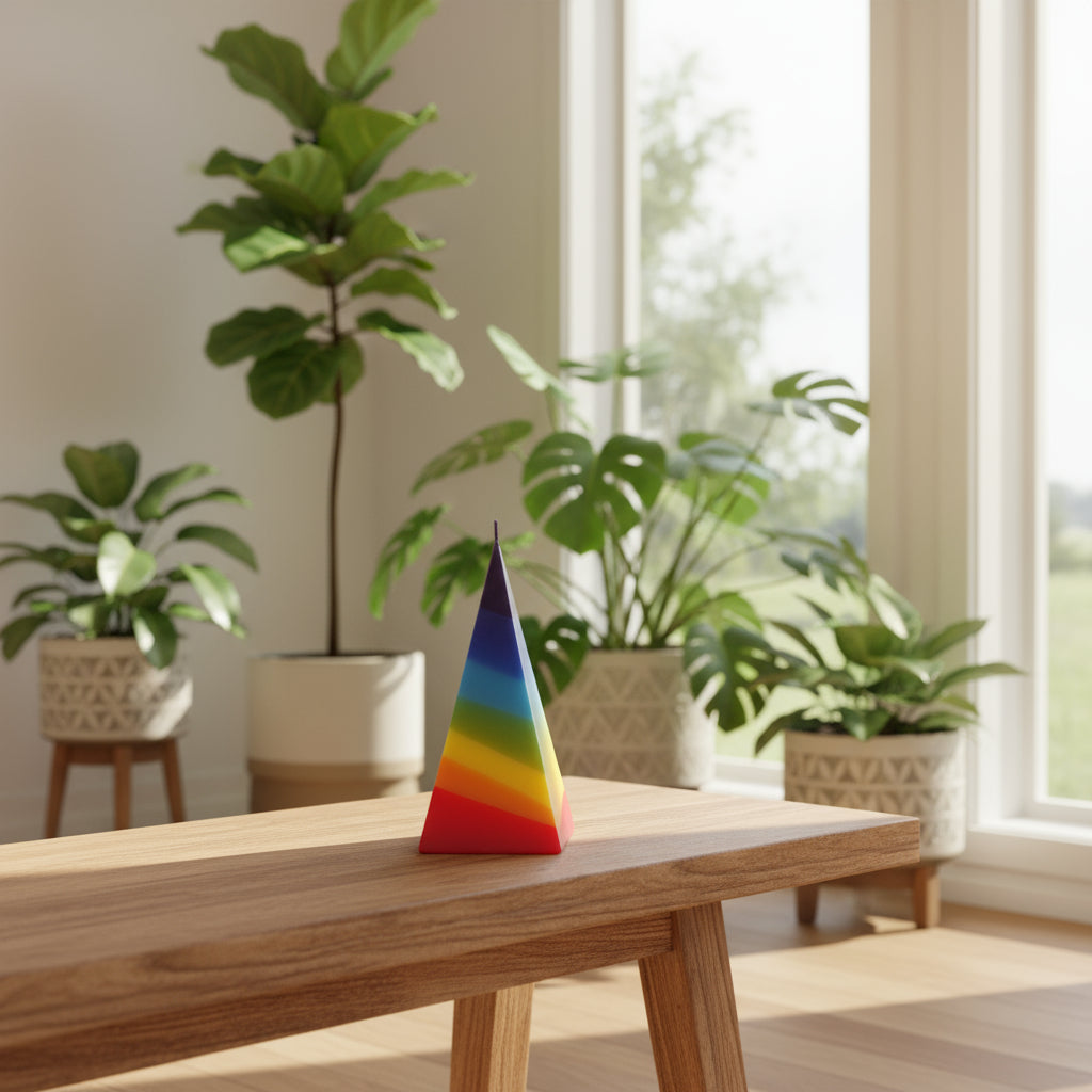 Colorful pyramid-shaped rainbow candle