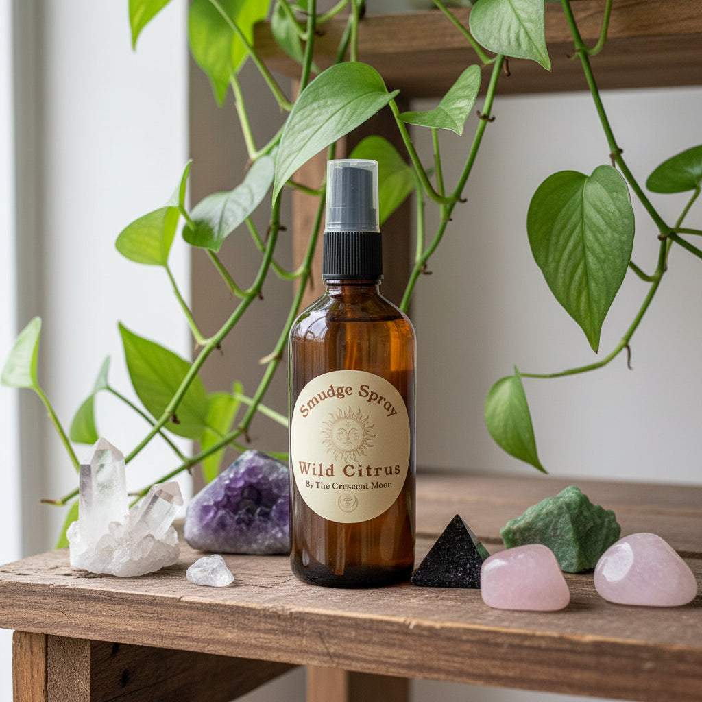 Sage spray bottle labeled 'Wild Citrus' by 'The Crescent Moon'
