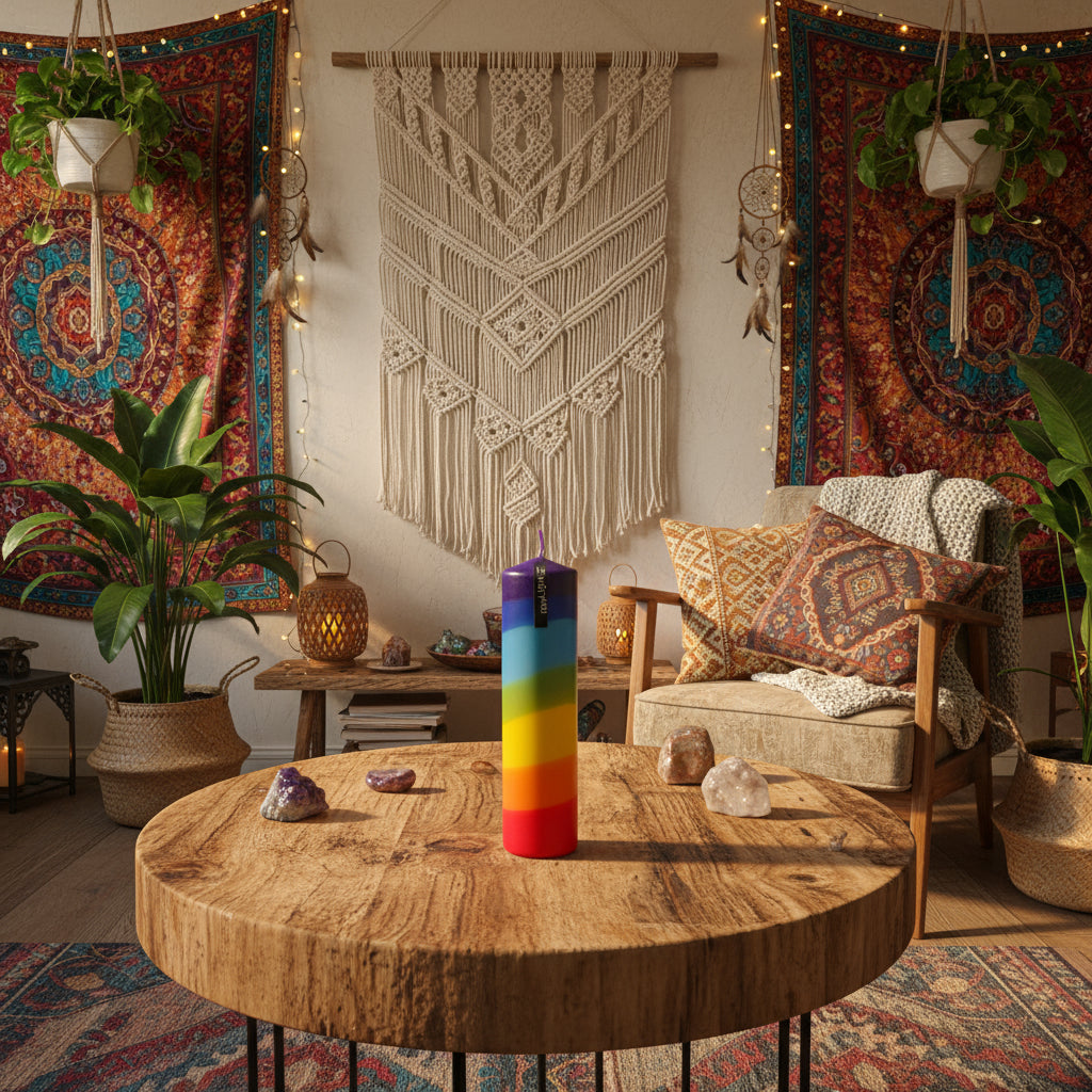 Colorful striped candle on a coffe table