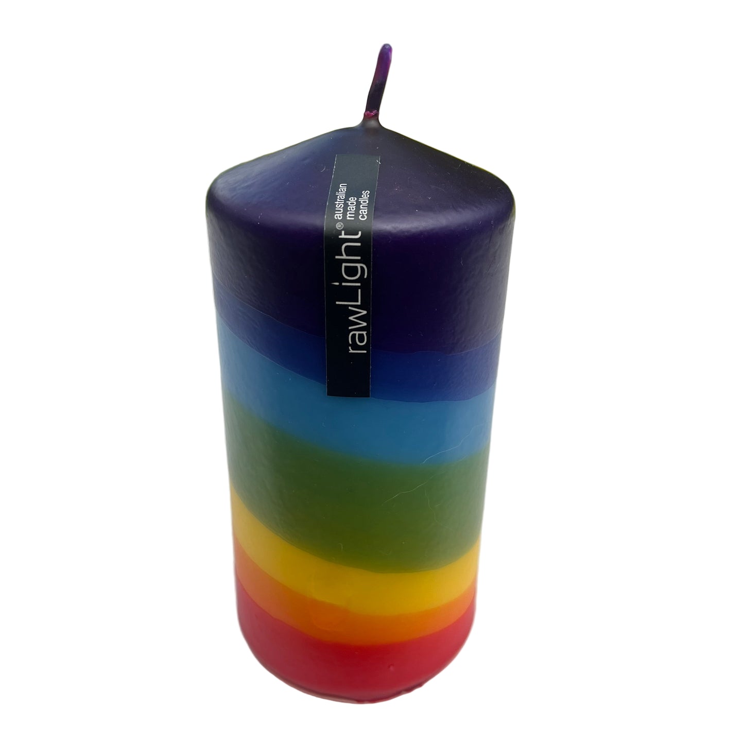 Colorful striped candle with 'rawLight' branding