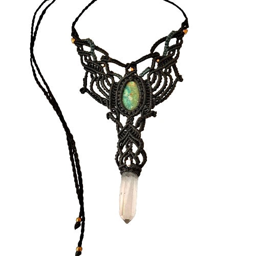 Macrame Chrysocolla and Quartz Necklace - The Crescent Moon