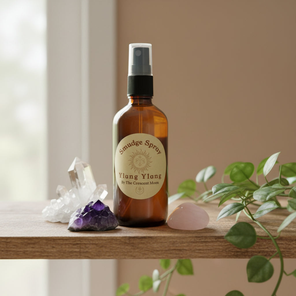 Smudge spray bottle labeled 'Ylang Ylang' by 'The Crescent Moon'