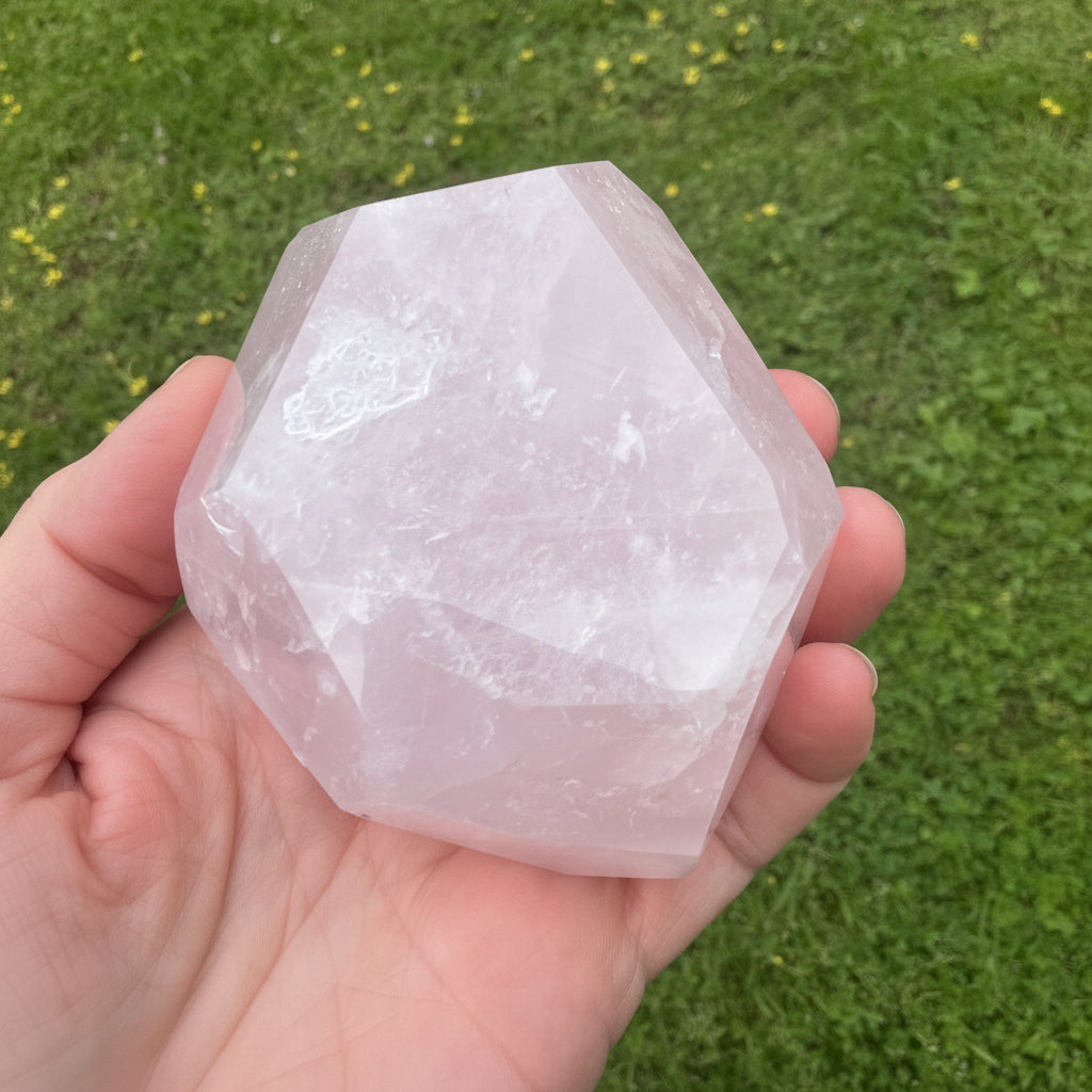 Faceted crystal held in a hand with grass in the background
