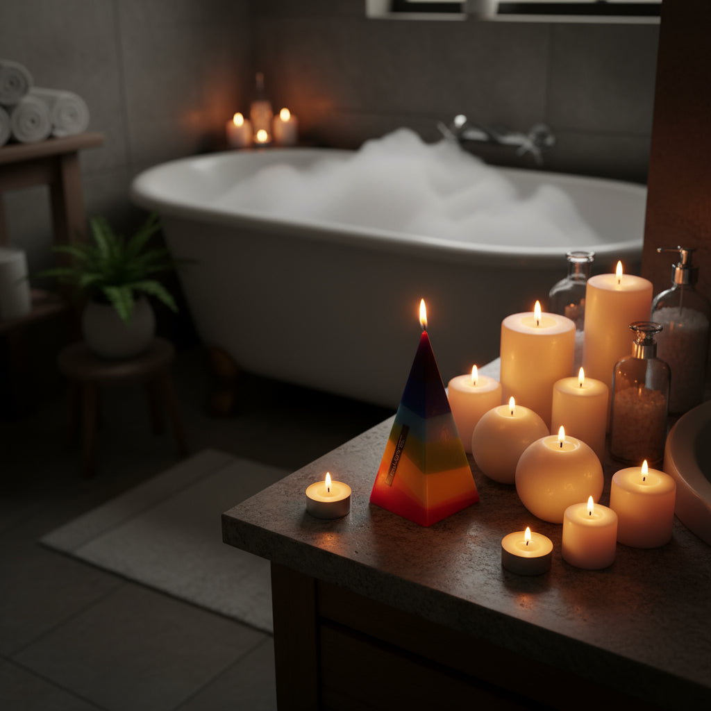Candles on a table in a bathroom with a bathtub in the background