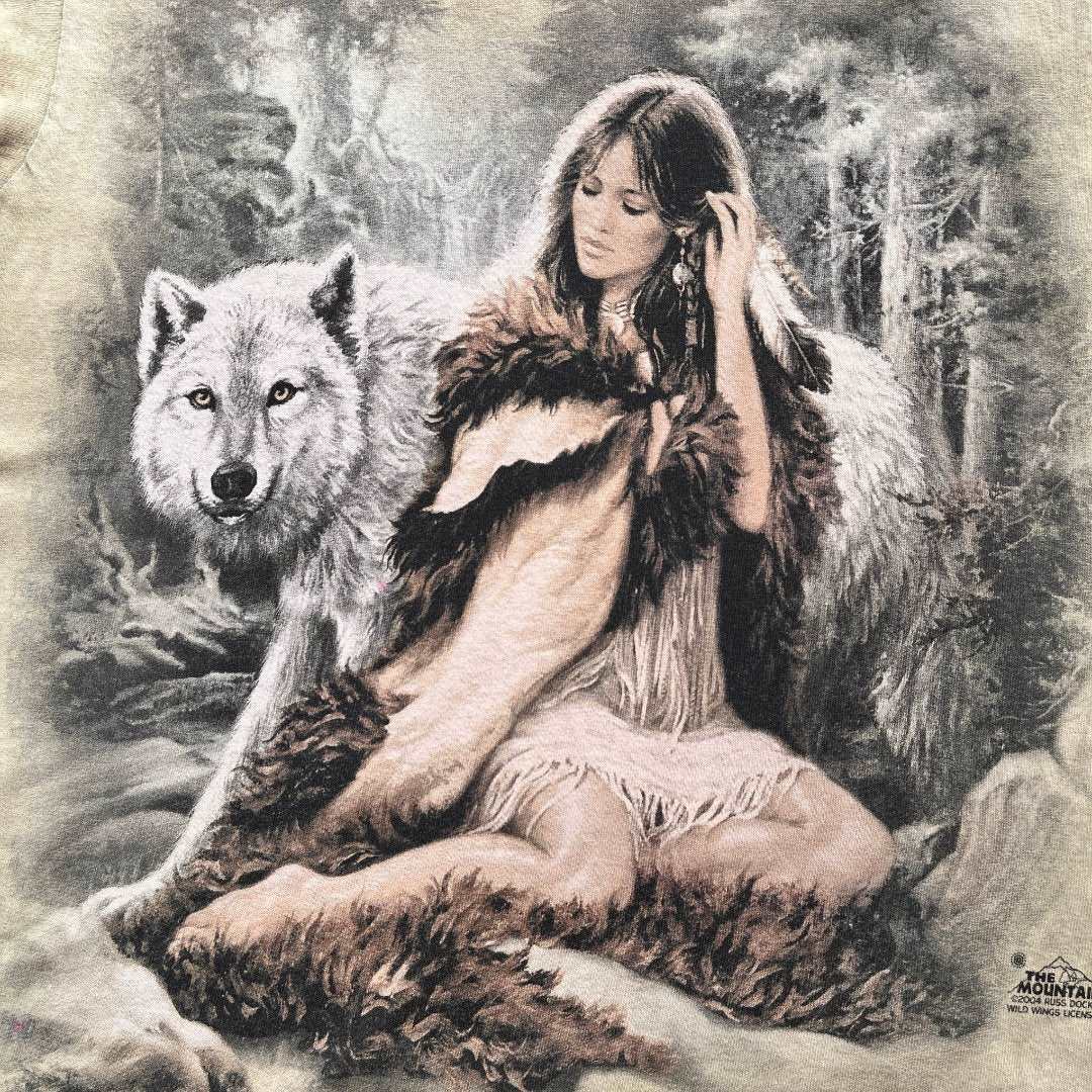 Vintage Retro Preloved T shirt - Wolf and Woman - The Crescent Moon