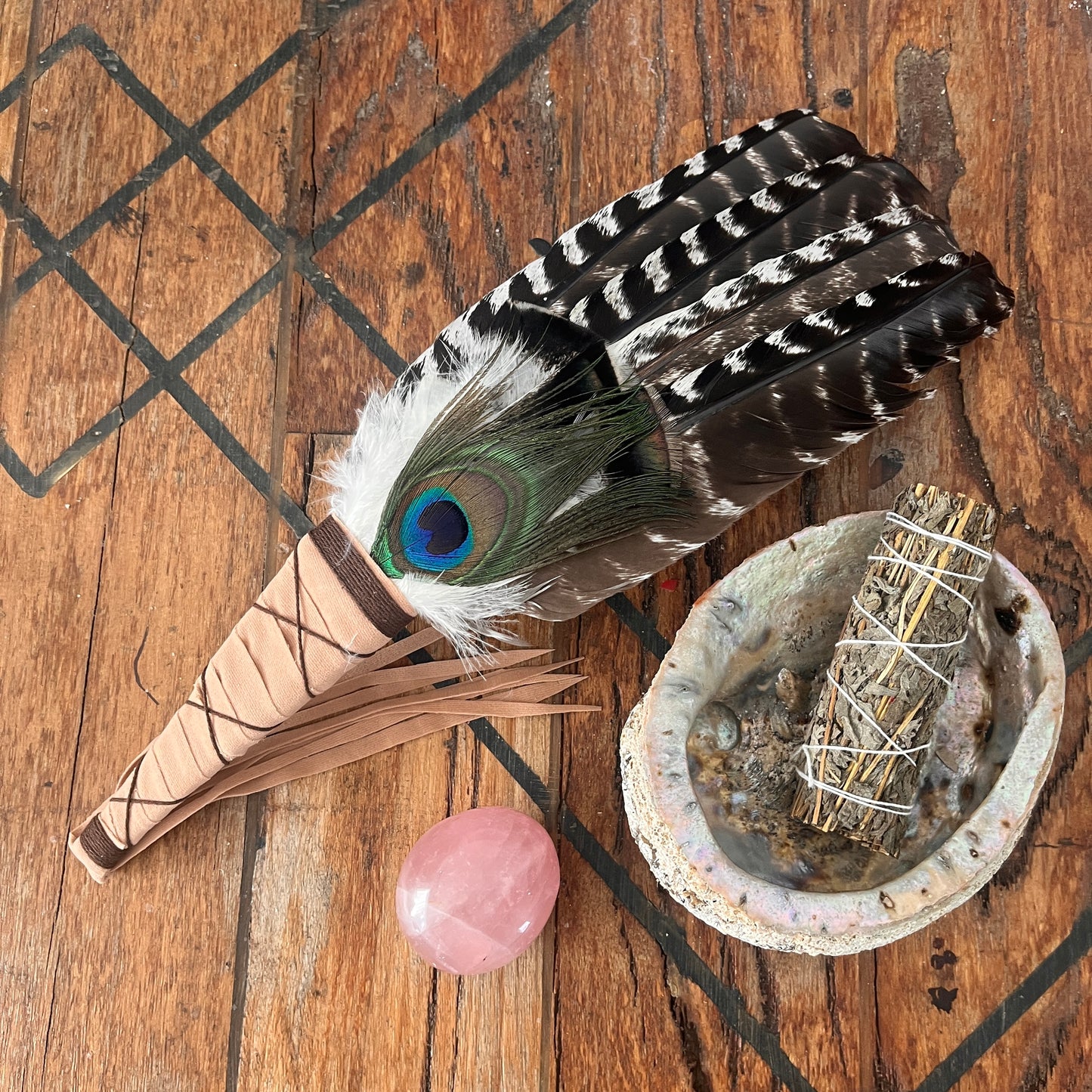Smudging Feather Wand with Peacock Feather Large